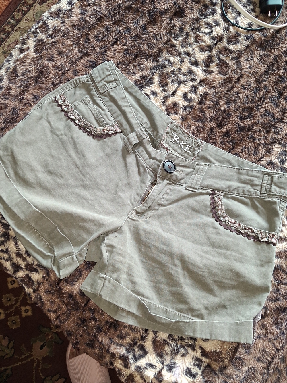 BKE Olive High-Waist Shorts with Crochet Trim